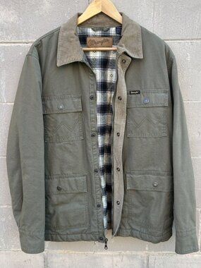 Wrangler Barn Jacket Olive Corduroy Collar Flannel Lined Men's M